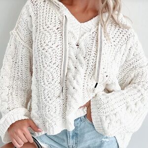 NWT Cable Knit Drawstring Oversized Hoodie Hooded Sweater Ivory
